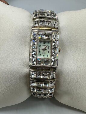 Geneva Elite Rhinestone Watch Women Silver Tone White Dial New Battery 6.75"